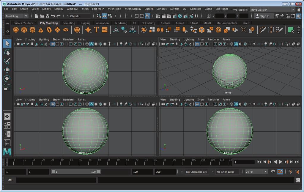 Autodesk Maya 2019 Basics Guide FIGURE 1-42 Four views Lesson 1.7: Discover the Marking Menus Once you get used to the menu commands, you can learn to work faster using the hidden marking menus.