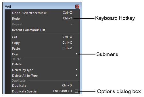 Autodesk Maya 2019 Basics Guide FIGURE 1-2 Hotkeys and option dialog boxes are displayed in the menus Accessing Option Dialog Boxes Several menus also include a small box icon to the right of the