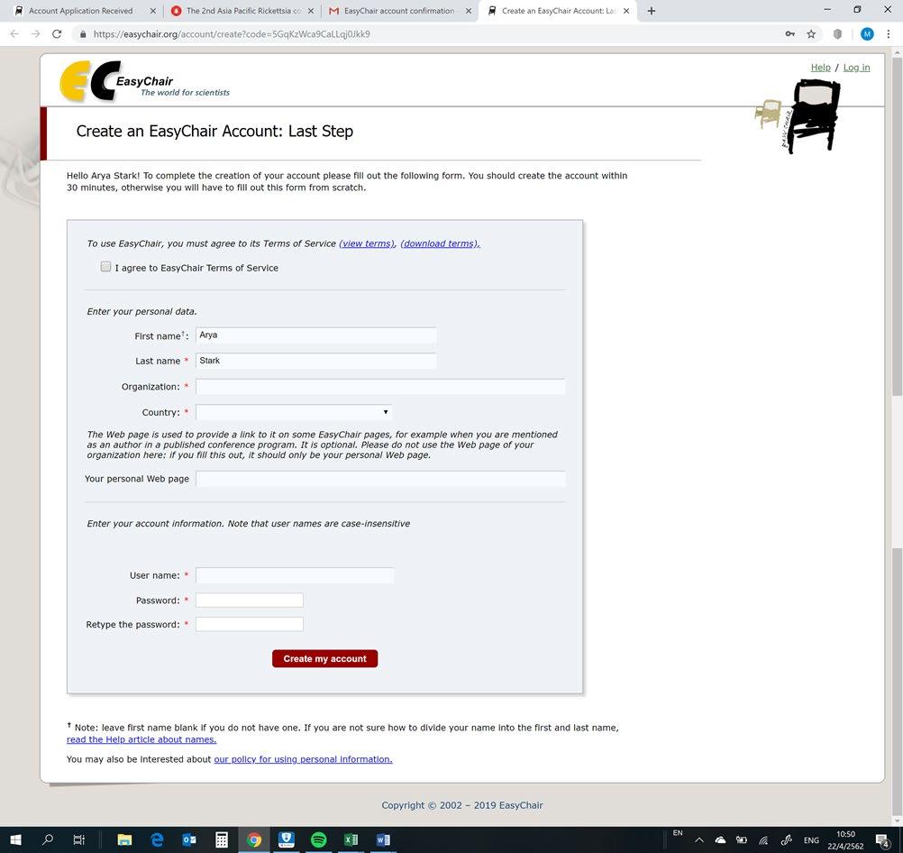5. Read Term of service and click I agree to EasyChair Terms of Service Then, fill out all of the required information as shown in