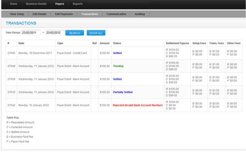 PAYERS (continued) Transactions This screen displays all the past transaction requests and results for the selected