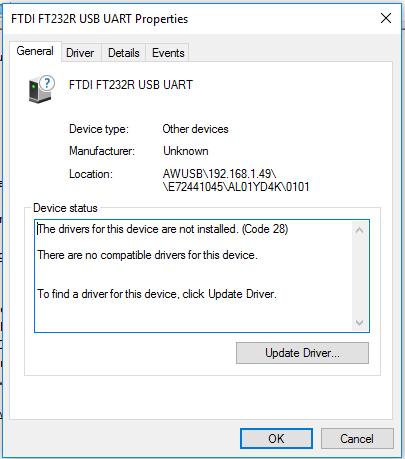 9 Navigate to Other Devices. 10 Double-click FTDI FT232R USB UART. The Device properties window opens. 11 Click Update driver. 12 Click Browse my computer for driver software.