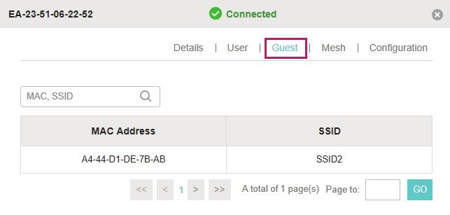 5.2.2 Guest The Guest page displays the information of clients connecting to the SSID with Portal enabled, including their MAC addresses and connected SSIDs.