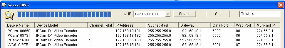 Click Search button to search IP Adress. As following: (Default:192.168.55.160) In the above SearchNVS software interface, it shows this computer has searched all IP Cameras in LAN.