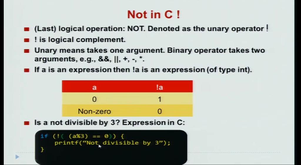 (Refer Slide Time: 08:33) So, the third logical operation is NOT. Now, NOT in C is denoted as the exclamation mark. So, let us see an example of that.
