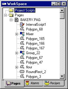 The Workspace dialog is displayed: Selecting the Pages, Alarms or Recipes pushbutton displays a list of the associated components that form part of the project.