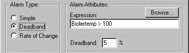 For a Simple alarm, the following attributes are displayed: An expression based on a point is entered in the Expression: field. The alarm is raised once the point meets the expression.