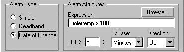 For a Deadband alarm, the following attributes are displayed: An expression based on a point is entered in the Expression: field. The alarm is raised once the point meets the expression.
