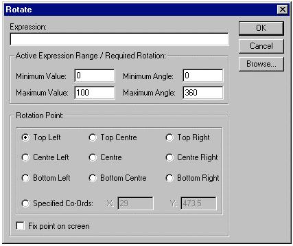 CHAPTER 9 Animation On selection of the Rotate action, the Rotate dialog is displayed: Enter an arithmetic expression in the Expression: field.