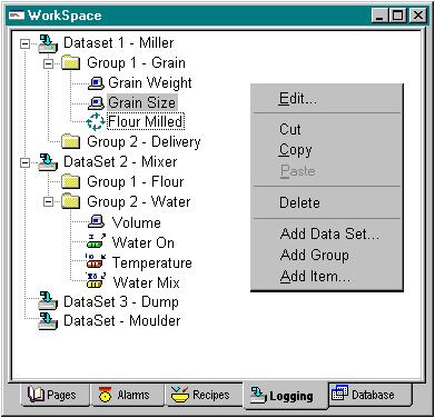CHAPTER 11 Data Logging Add DataSet, Add Group and Add Item: enables new Data Sets, Groups and Items to be added to the selected entry.