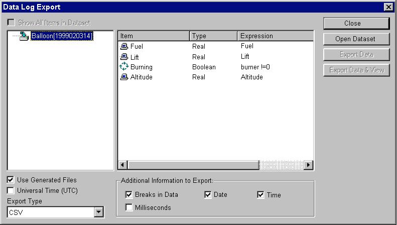 CHAPTER 11 Data Logging Data Log Export Facilities Exporting Data via the Export Dialog All the export facilities described in the ExportLog function can be carried out from the Export dialog, which