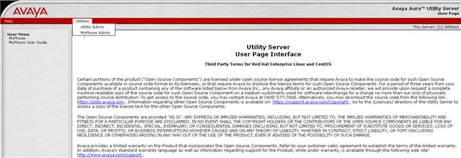 Accessing and Managing Utility Server page provides links to the Avaya Thin-Client LDAP Directory without a web address entry, and a System Message page.