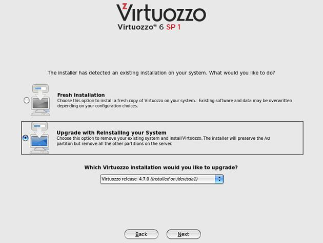 Performing an In-Place Upgrade 7 Once you click Next, a pop-up window appears informing you of the new features in Virtuozzo 6 and the ways to start using them on your server. Click Continue.