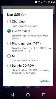 USB Connection Options: Charging Only: Charges the device only Media Device (MTP): Transfer media files Camera (PTP): Transfer photos USB Storage: USB Transfer Protocol