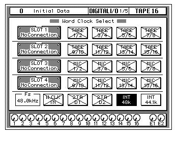 188 Digital I/O, Setup, and Utilities Word Clock Select 1. Use the [DIGITAL I/O] button to locate the DIGITAL I/O 1/5 page. The 02R processes audio data at 44.