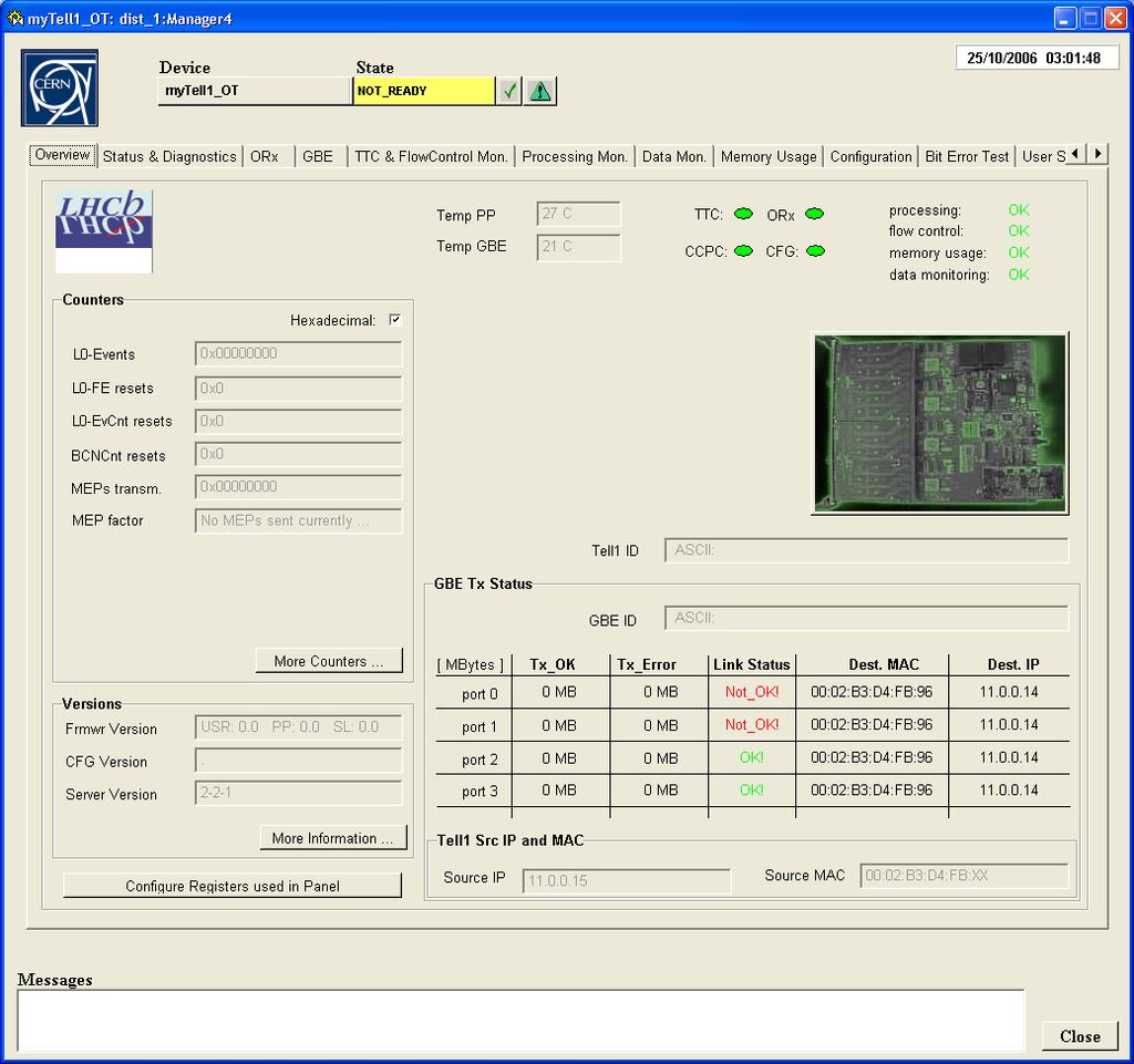 Screenshot of a Tell1 DU panel operator interface: identifies board type evaluates malfunctioning