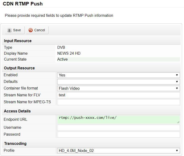 Here you can choose the profile you just create, such as rtmp-profile1 and the stream Name then full RTMP address for this channel is: rtmp://push-xxxx.