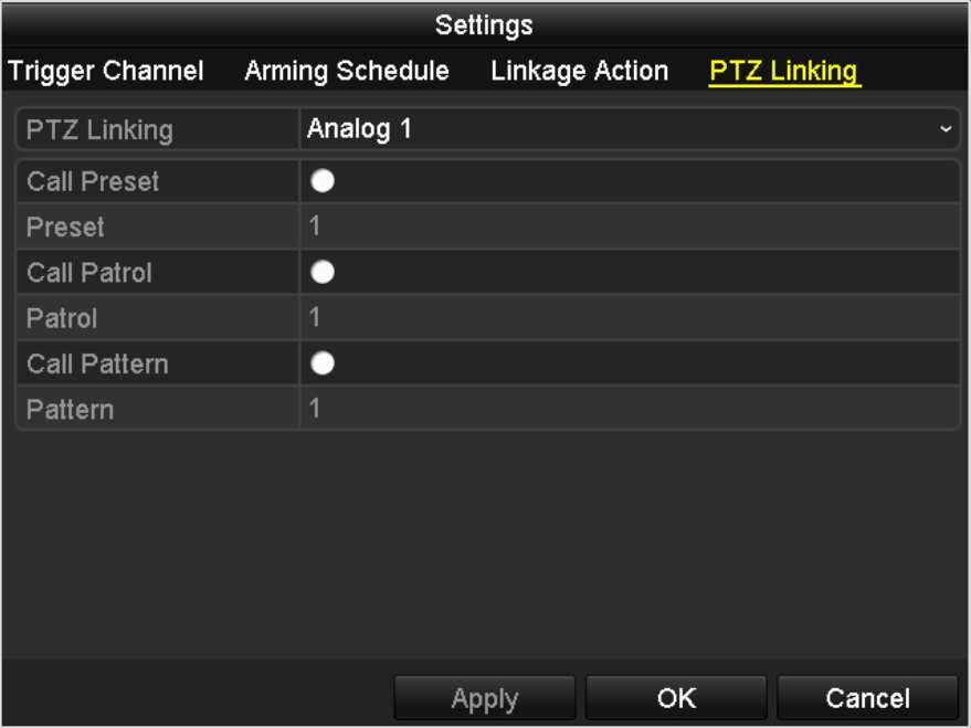 If necessary, select PTZ Linking tab and set PTZ linkage of the alarm input. Set PTZ linking parameters and click the OK button to complete the settings of the alarm input.