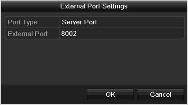 1) Click to activate the External Port Settings dialog box. Configure the external port No. for server port, http port and RTSP port respectively. You can use the default port No.