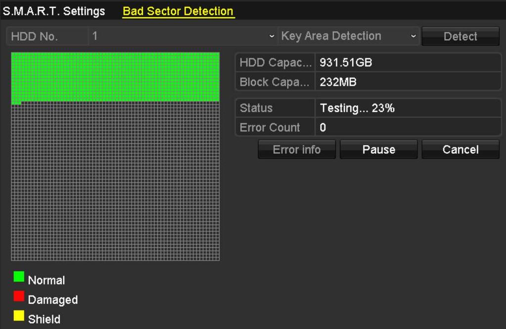 12.8 Detecting Bad Sector Purpose: You can detect the bad sector of the HDD to check the status of the HDD. 1. Enter the HDD Detect interface. Menu>HDD>HDD Detect Figure 12. 23 Bad Sector Detection 2.