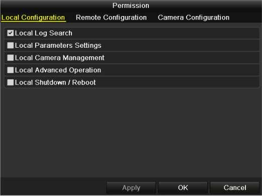 Figure 16. 8 User Permission Settings Interface (2) Set the operating permission of Local Configuration, Remote Configuration and Camera Configuration for the user.