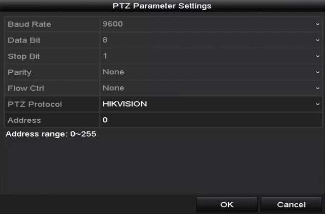 4.1 Configuring PTZ Settings Purpose: Follow the procedure to set the parameters for PTZ. The configuring of the PTZ parameters should be done before you control the PTZ camera. 1.