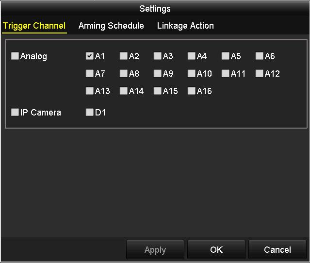Figure 5. 20 Set Trigger Camera of VCA Alarm The PTZ Linking function is only available for the VCA settings of IP cameras. 5. Enter Record Schedule settings interface (Menu> Record> Schedule>Record Schedule), and then set Event as the record type.