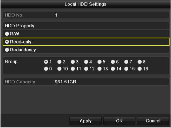 To edit HDD property, you need to set the storage mode of the HDD to Group. See Chapter 12.4 Managing HDD Group. 1. Enter HDD setting interface. Menu> HDD Figure 5. 31 HDD General 2.