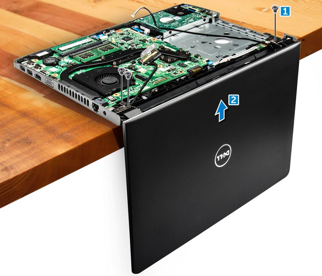 NOTE: Place the chassis on the edge of a table with the display facing down. a Remove the three M2.5L8 screws that secure the display hinge to the computer [1].
