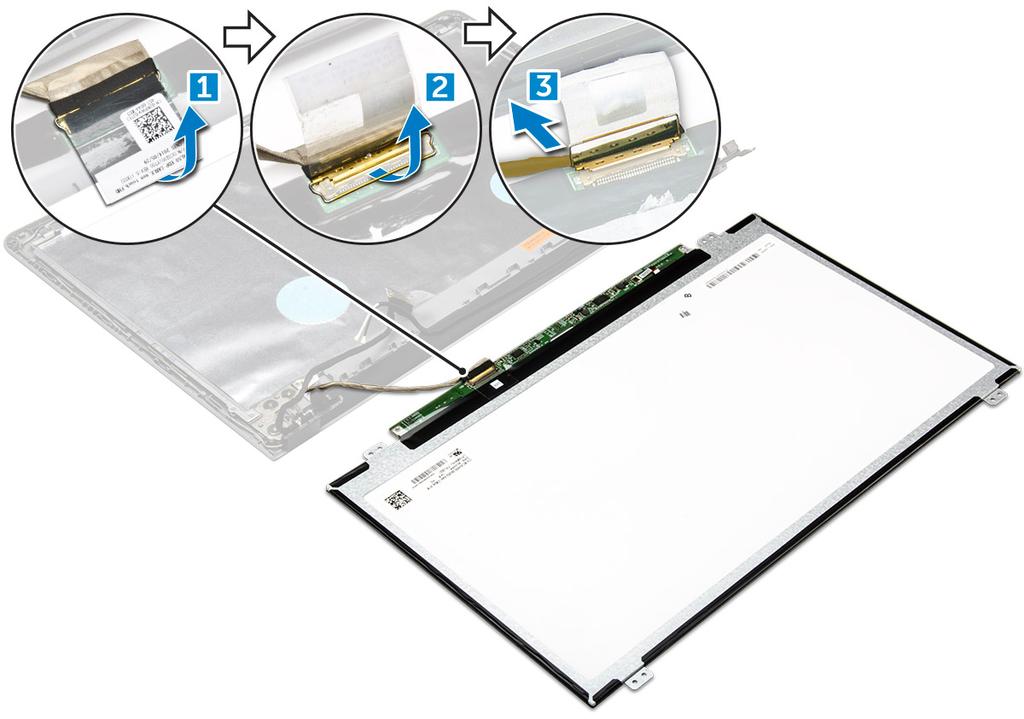 a Remove the tape that secures the edp cable to the display panel [1]. b Lift the locking tab and remove the edp cable [2]. c Remove the display panel from the computer [3].