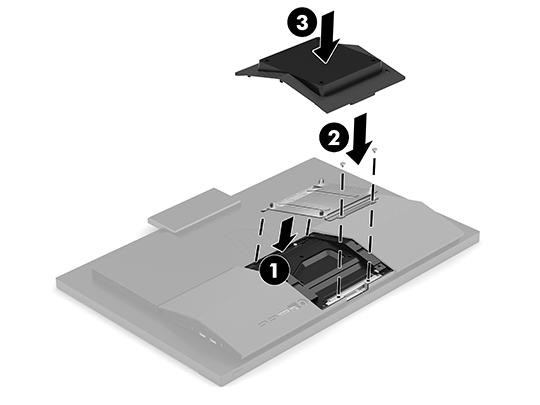 Insert the VESA mount bracket in the two large holes in the upper part of the back of the computer (1), and then rotate it