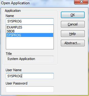 Page 6 of 57 II. Opening an Existing Application 4. Choose Open Application from the File menu. The Open Application dialog box will be displayed. 5. Choose the SYSPROG application from the Name list box.