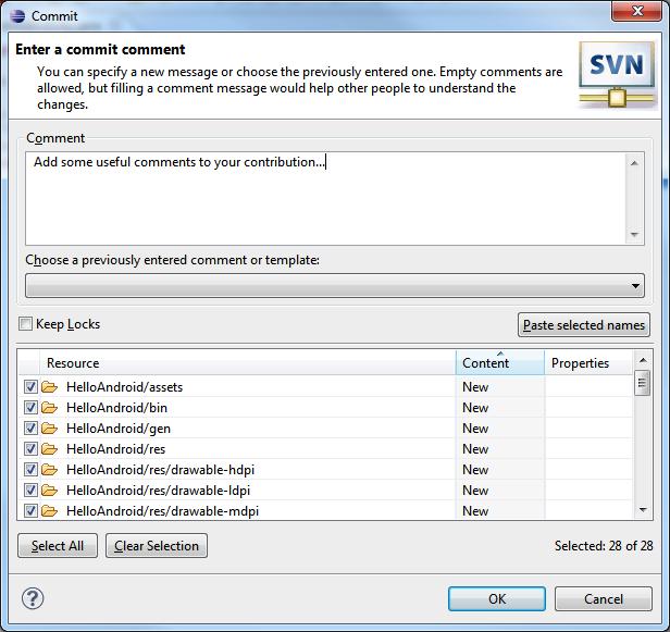 9. Click on OK and your code will be submitted to the svn server.