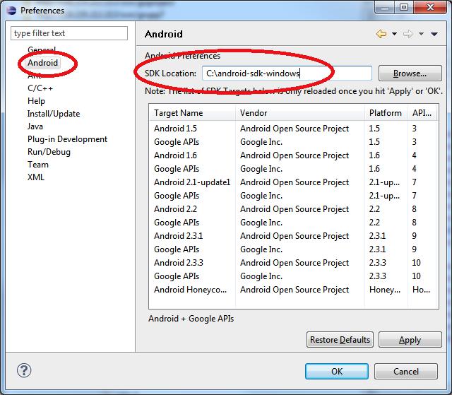 the repository 3. Restart Eclipse and go to Window -> preferences and select Android. 4.
