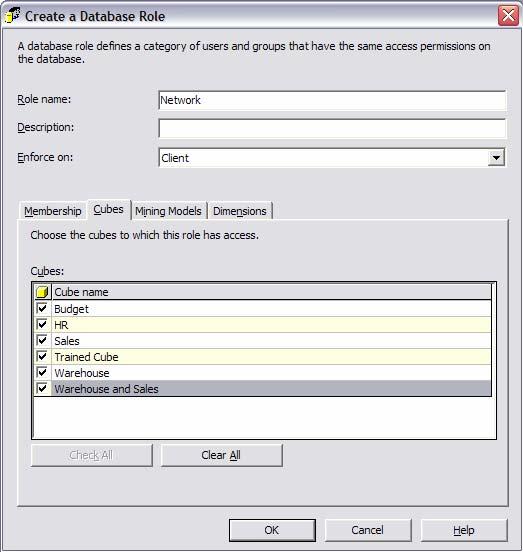7. On the Cubes tab in the Create a Database Role dialog box, select the check boxes for the cubes to which you wish to grant access (Figure 11). Figure 11 8.