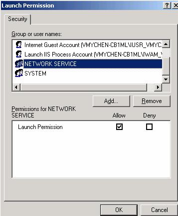 6. Click NETWORK SERVICE, select the Launch Permission box in the Allow column, and then click OK. (Figure 6). NOTE The ASPNET account is a member of the NETWORK SERVICE group.