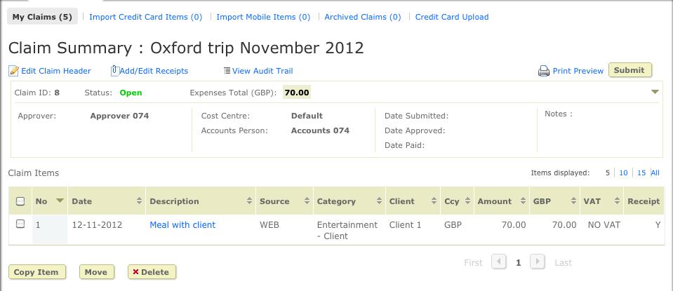 9 5. Completed claim Once all expense items have been added, the claim can be submitted to your