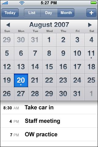 Â Month view: Days with events show a dot below the date. Tap a day to see its events in a list below the calendar. Tap or to see the previous or next month.