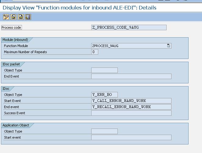 The details for the of the Process Code after clicking the identification button will be Enter the function module name, the Object type, the start event and the end
