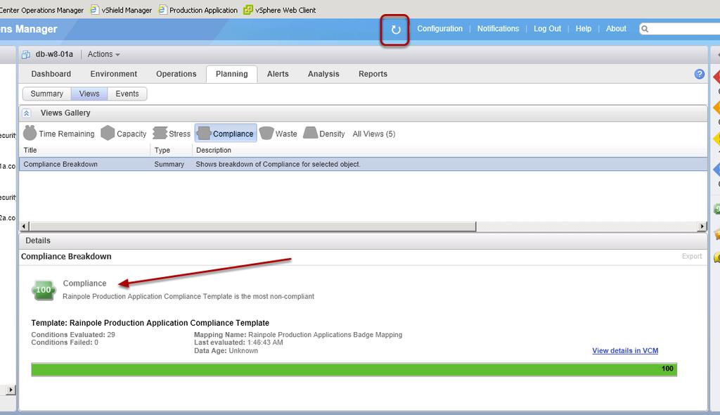 Track Compliance Changes in vcenter Operations Manager Return to the vcenter Operations Manager web interface. 1. Click the Refresh icon on the top bar.