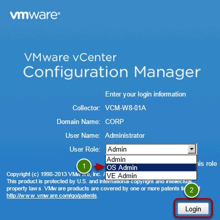 Log In to vcenter Configuration Manager A login window opens for vcenter Configuration