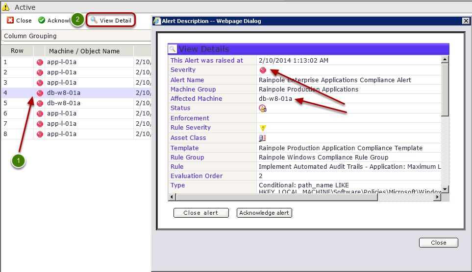 Examine the Alert Details 1. After refreshing, one or more alerts should show for db-w8-01a. 2.