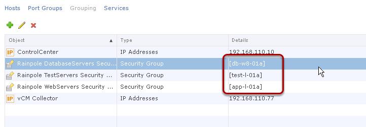 Populate the Remaining Security Groups Repeat the same process for the two remaining security groups with the following mappings: Rainpole DatabaseServers Security Group > db-w8-01a Rainpole