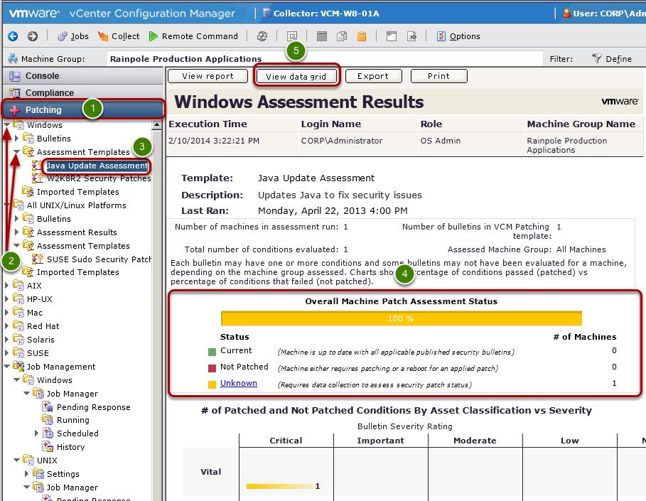 Patch the Java Runtime Environment on Windows Assess the Patch Status 1. Select the Patching slider. 2. Expand Windows > Assessment Templates. 3. Click Java Update Assessment. 4.