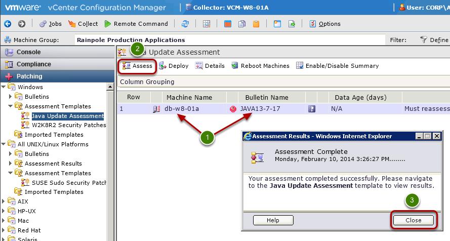 1. Select the db-w8-01a machine. The assessment template contains a bulletin called JAVA13-7-17. 2.