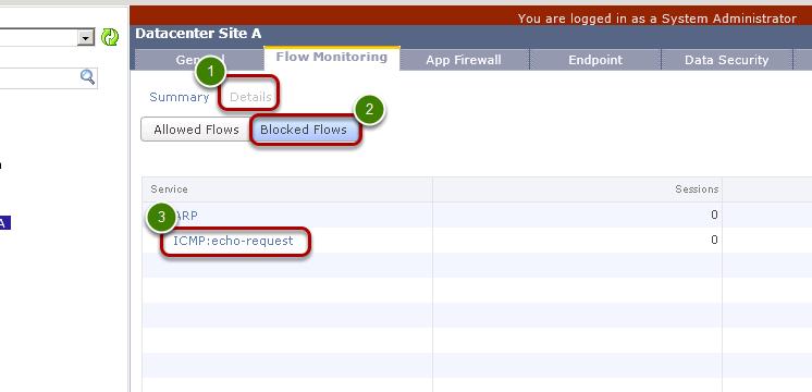 3. Click ICMP:echo-request to inspect the blocked flows. Note: vshield Manager takes a few seconds to populate the activity from the distributed firewalls in the Flow Monitoring tab.