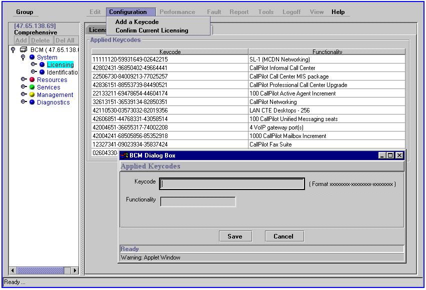 26 Chapter 5 Configuring Attendant Console 13 On the Configuration menu click Add a Keycode. The Applied Keycodes screen appears.