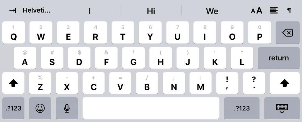Pages Shortcut Bars on the Virtual Keyboard Indent, Font, Predictive Text, Font size, Align.