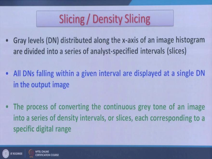 (Refer Slide Time: 28:05) There is another simple unsupervised classification technique on a single band if we perform or maybe at a color composite can be performed which is called slicing or