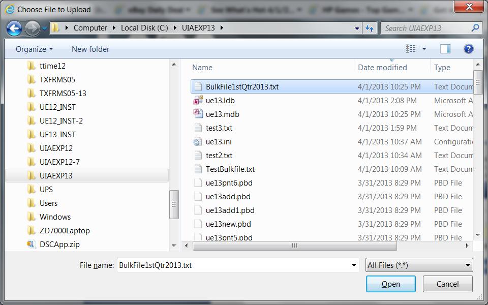 This Browse window will display. Browse out to the UIAEXP13 folder or where you saved the bulk file to upload.
