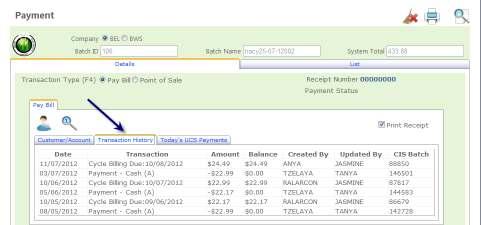 customer account information is updated. b. The Transaction History tab displays the selected cu